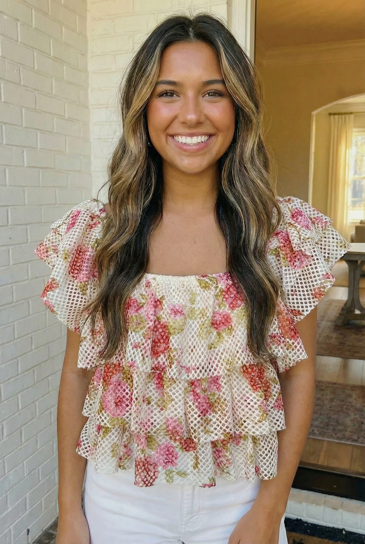 Tiered ruffle mesh top with watercolor floral print and flutter sleeves, photo 1 of 4