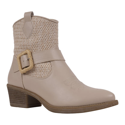 Beige pointed toe Western booties with woven detailing, photo 1 of 5