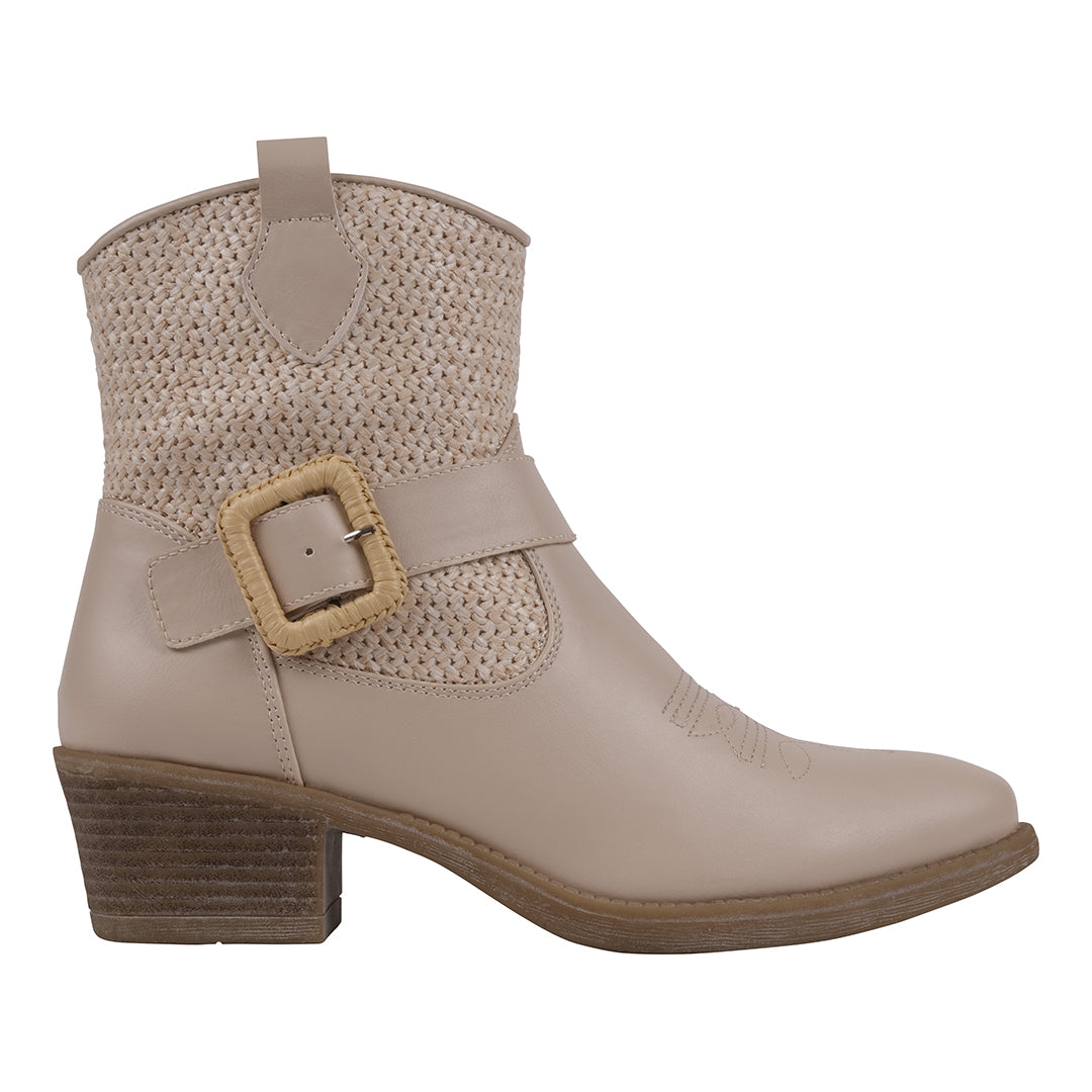 Beige pointed toe Western booties with woven detailing, photo 2 of 5