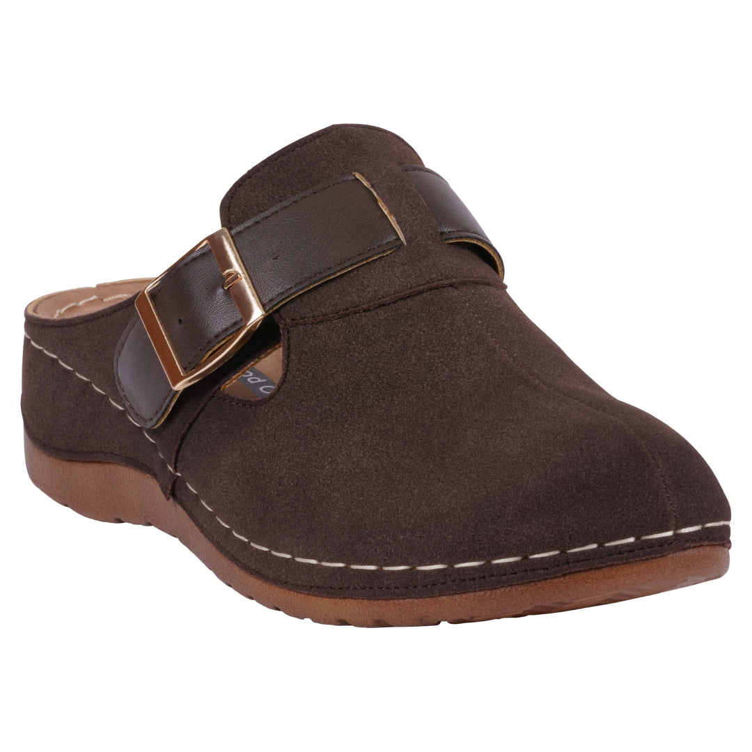Brown clog with buckle strap and animal print accent, photo 1 of 5