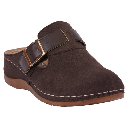 Brown clog with buckle strap and animal print accent, photo 1 of 5
