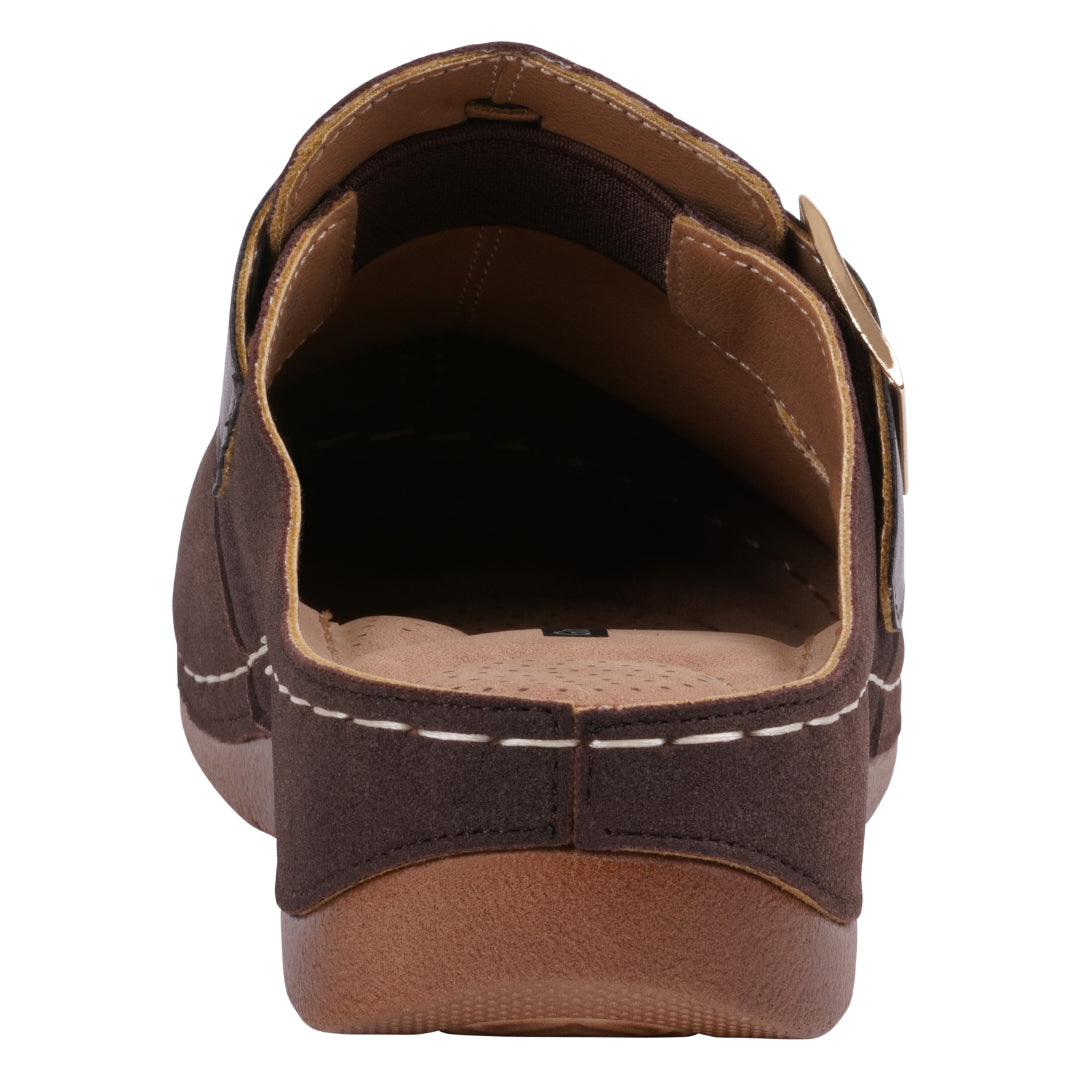Brown clog with buckle strap and animal print accent, photo 4 of 5