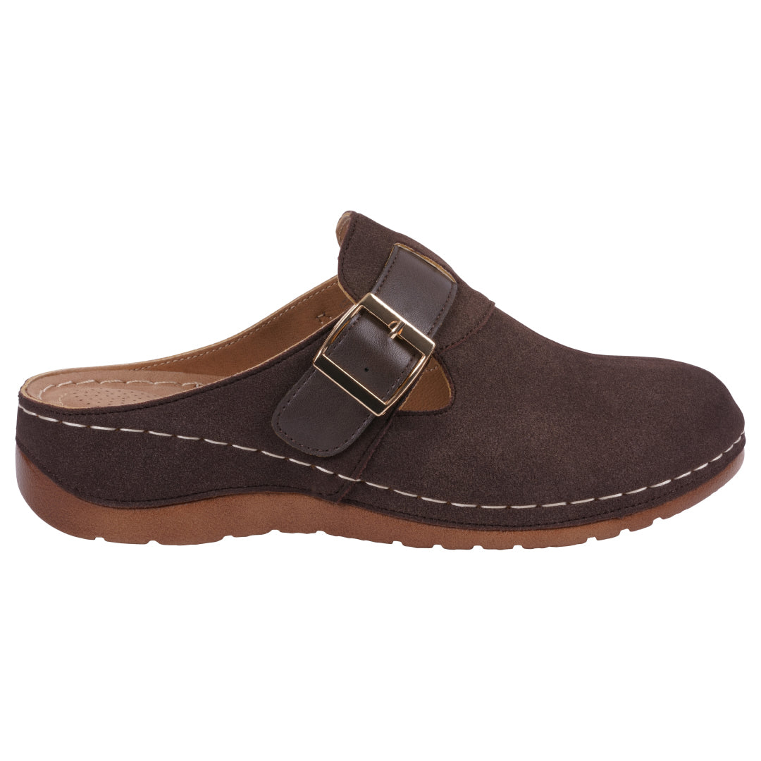 Brown clog with buckle strap and animal print accent, photo 2 of 5