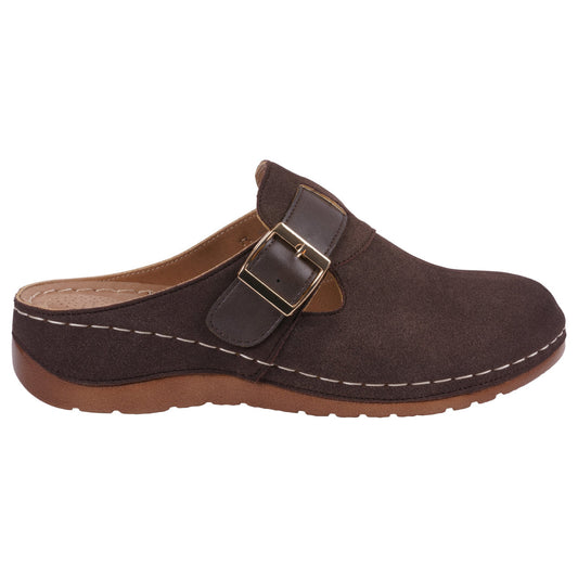 Brown clog with buckle strap and animal print accent, photo 2 of 5