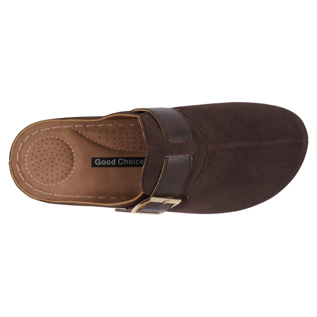 Brown clog with buckle strap and animal print accent, photo 3 of 5