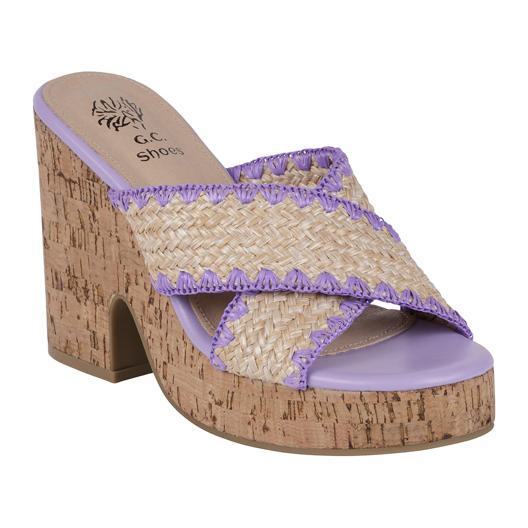 Lilac woven cross strap wooden platform heeled sandals, photo 1 of 5
