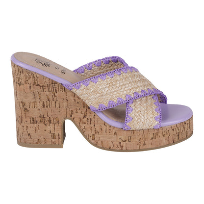 Lilac woven cross strap wooden platform heeled sandals, photo 4 of 5