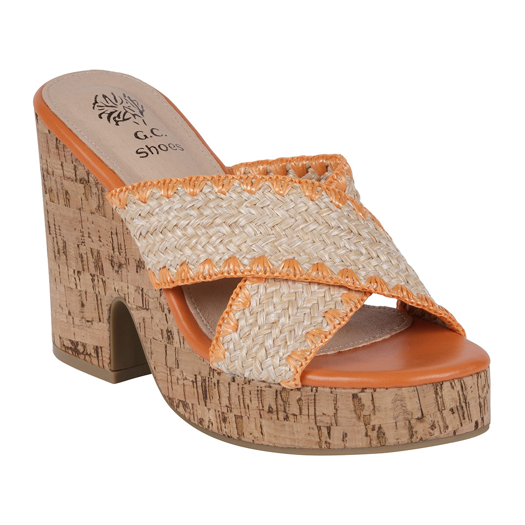 Orange woven cross strap wooden platform heeled sandals, photo 1 of 5