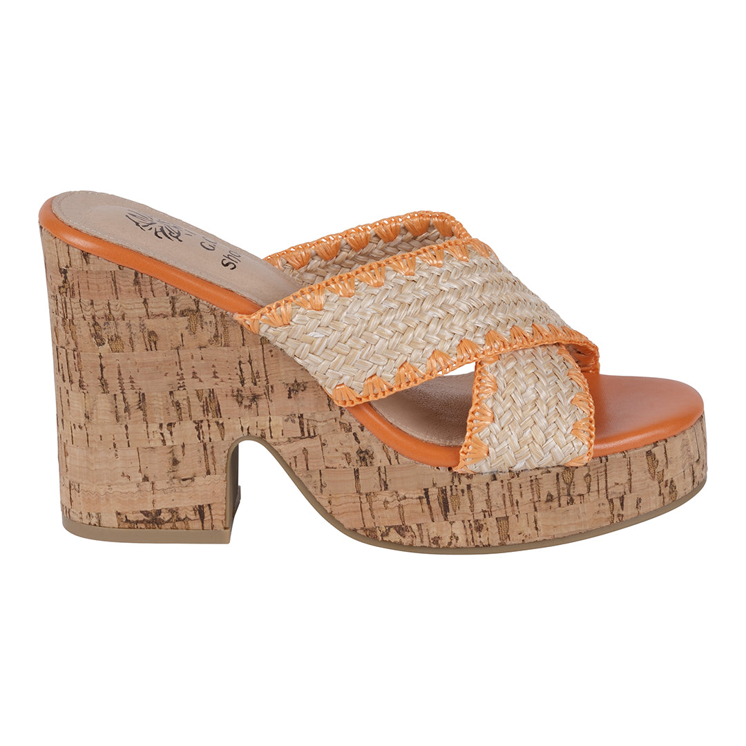 Orange woven cross strap wooden platform heeled sandals, photo 4 of 5