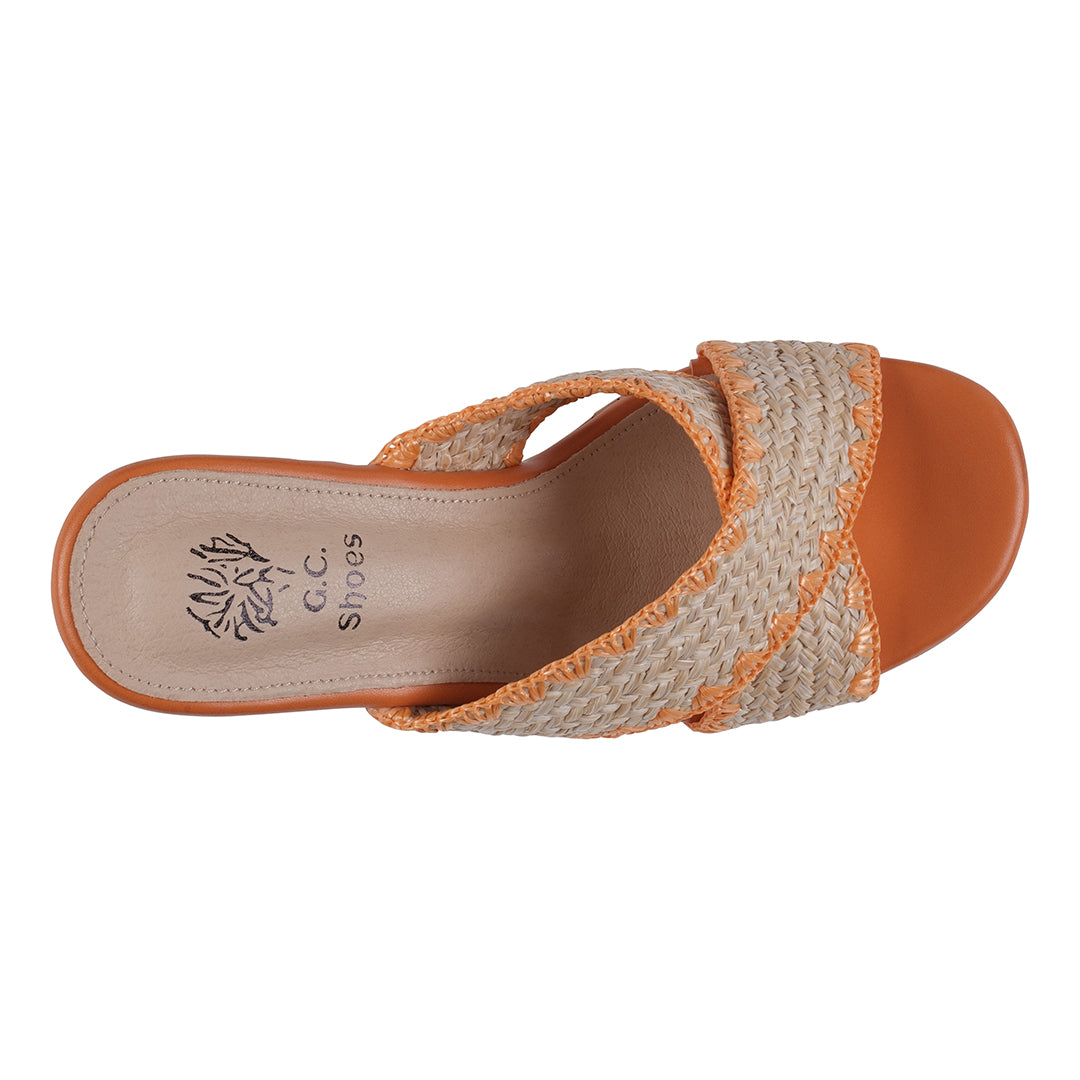 Orange woven cross strap wooden platform heeled sandals, photo 5 of 5