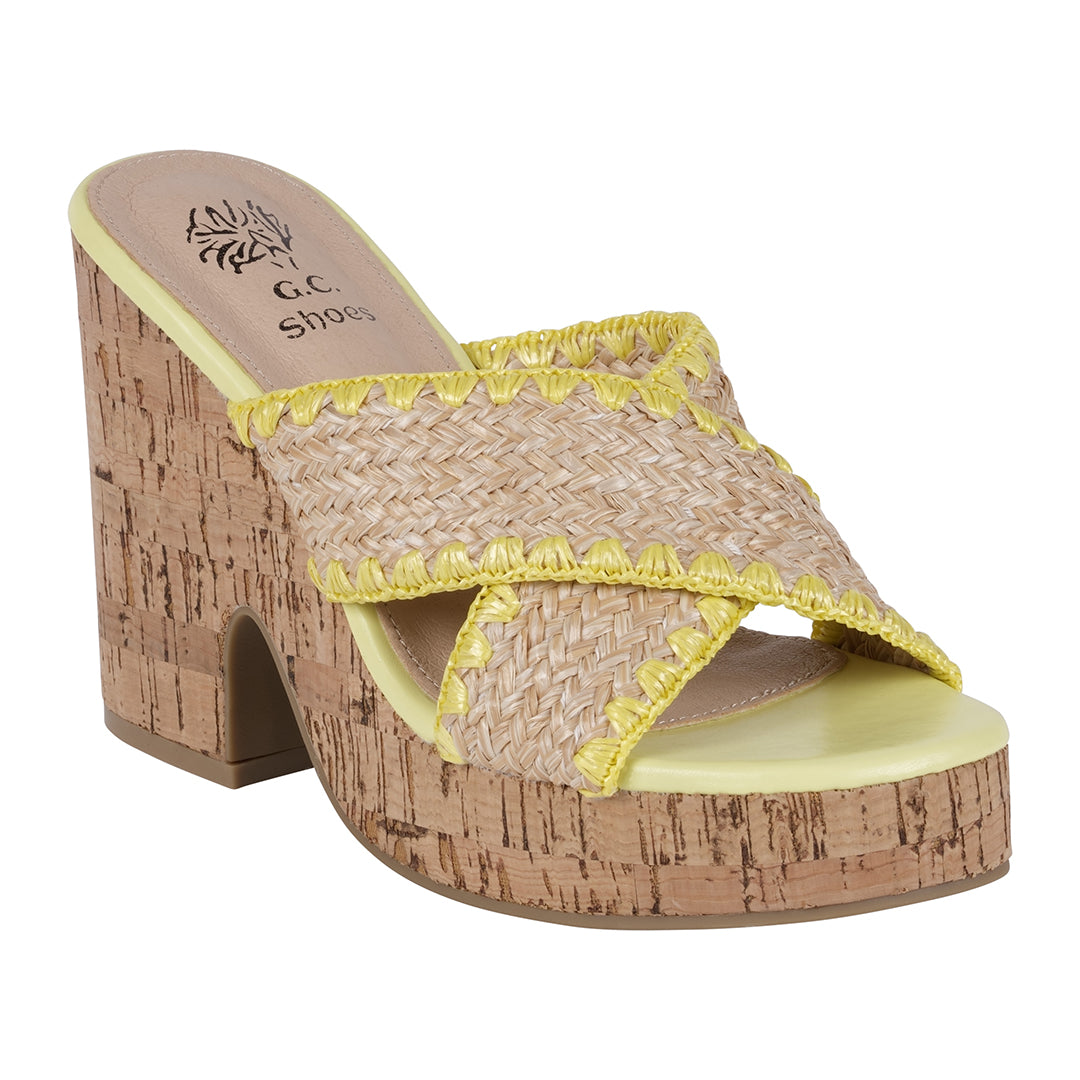 Yellow woven cross strap wooden platform heeled sandals, photo 1 of 5