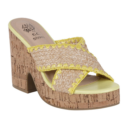 Yellow woven cross strap wooden platform heeled sandals, photo 1 of 5