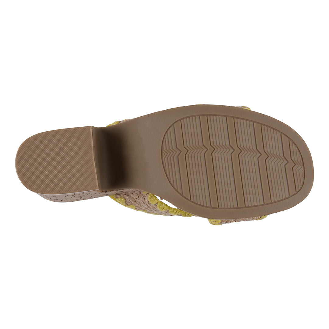 Yellow woven cross strap wooden platform heeled sandals, photo 3 of 5