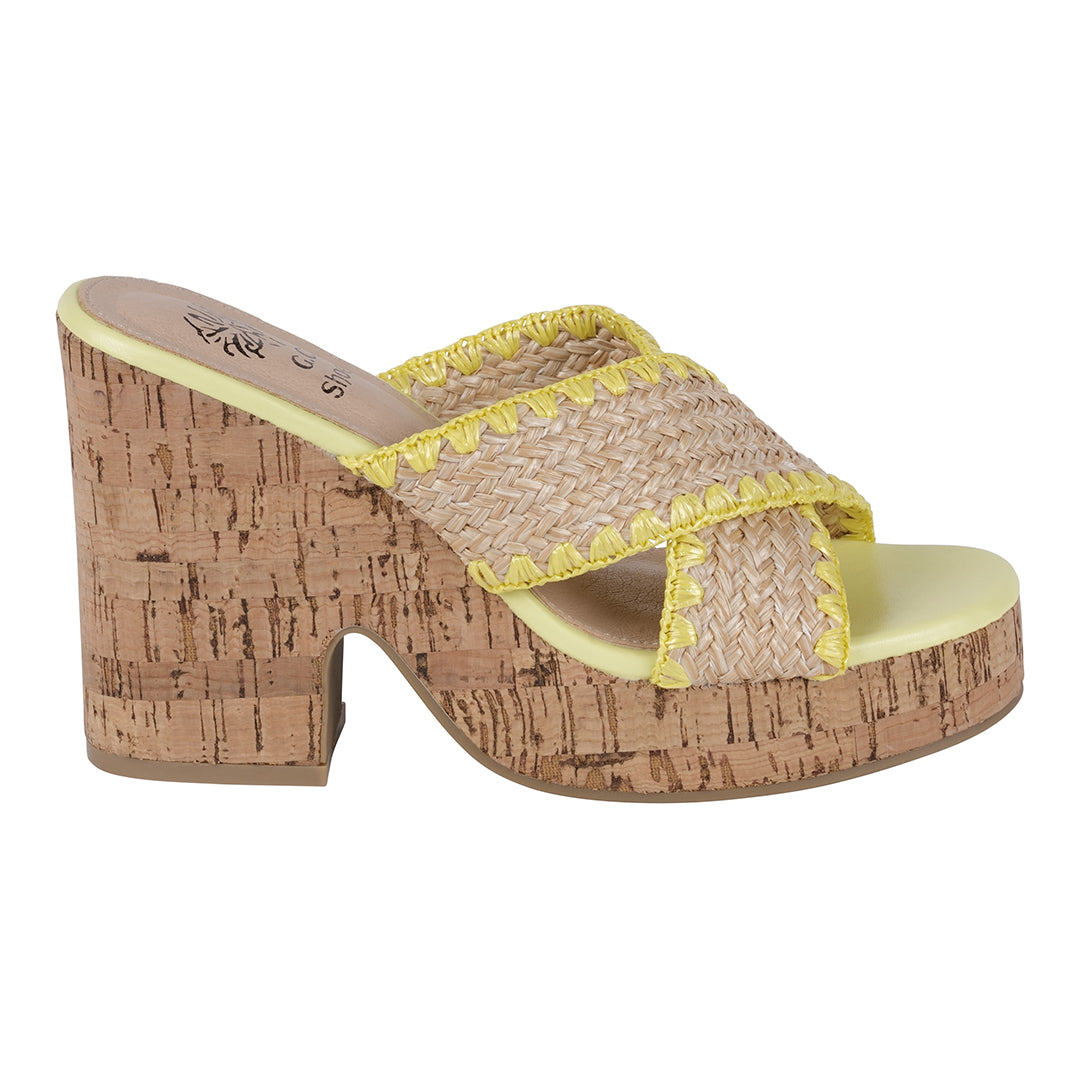 Yellow woven cross strap wooden platform heeled sandals, photo 4 of 5