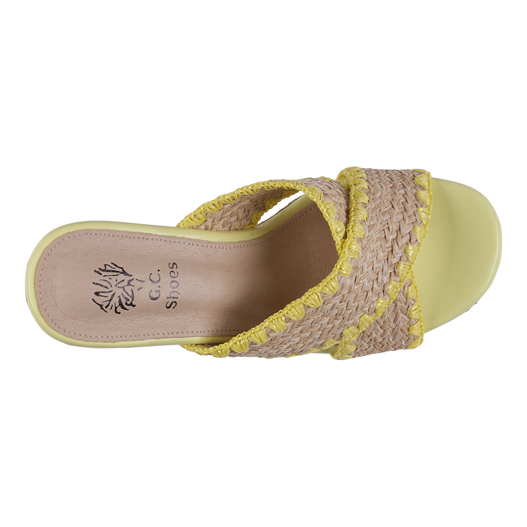 Yellow woven cross strap wooden platform heeled sandals, photo 5 of 5