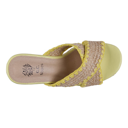 Yellow woven cross strap wooden platform heeled sandals, photo 5 of 5