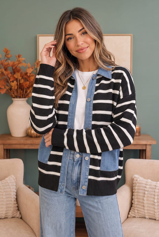 Black and cream striped knit jacket, photo 1 of 3