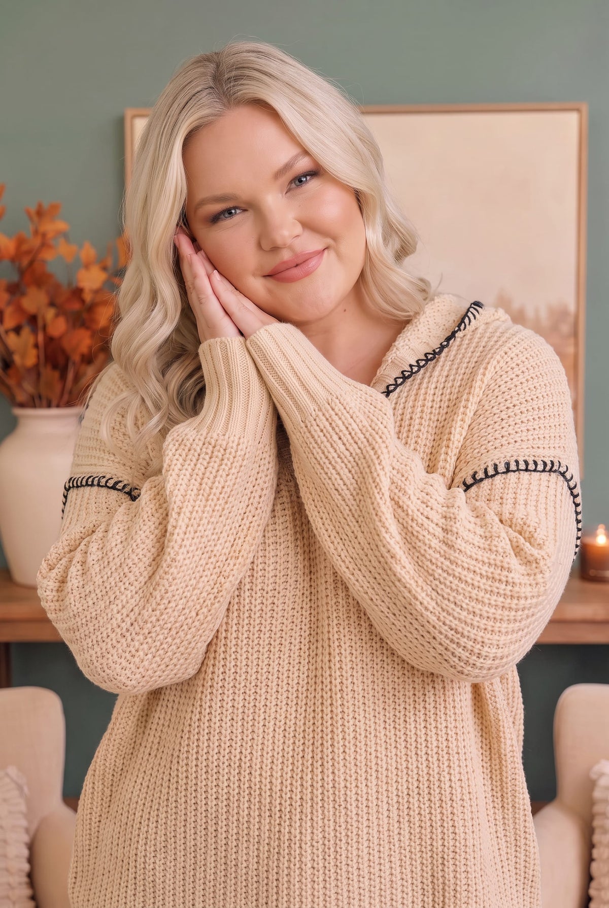 Warm taupe chunky knit sweater, photo 2 of 3