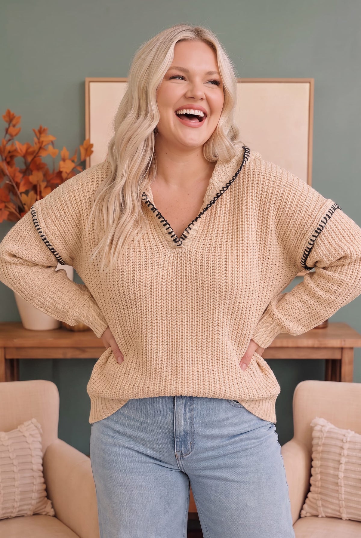 Warm taupe chunky knit sweater, photo 1 of 3