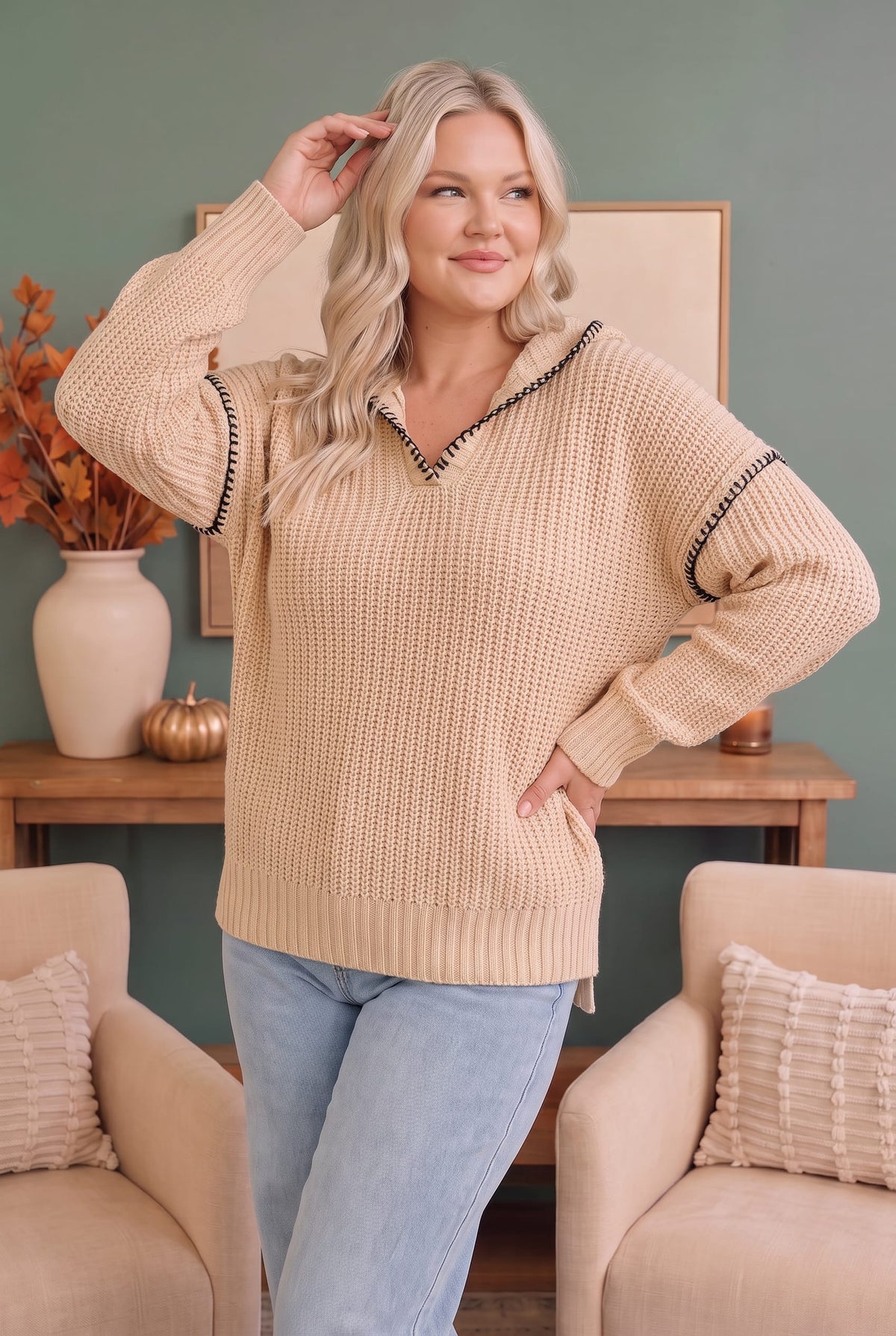 Warm taupe chunky knit sweater, photo 3 of 3