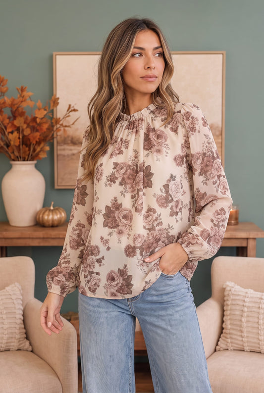 Taupe blouse with vintage rose print, photo 1 of 5