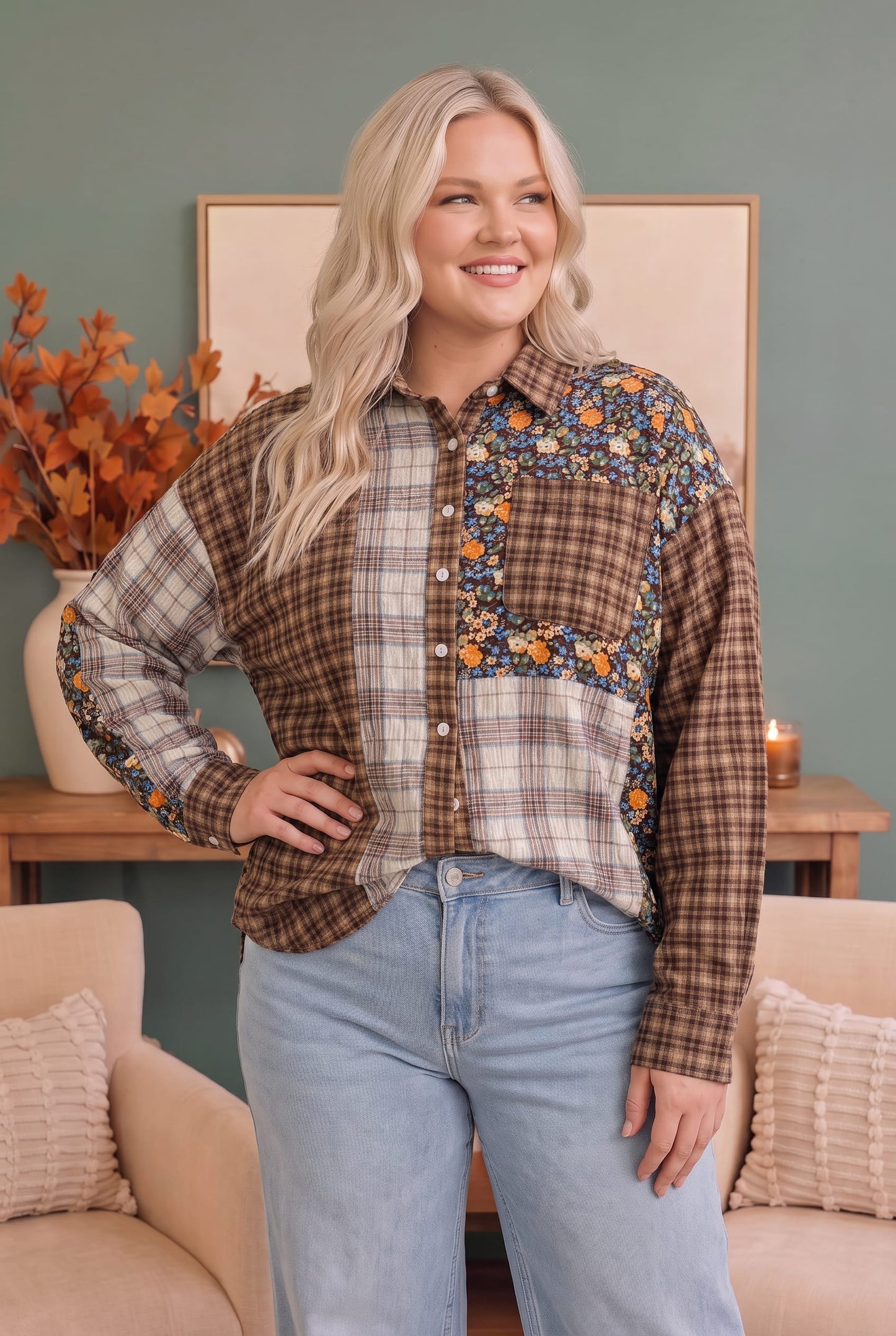Patchwork Plaid Mixed Media Button Down Shirt