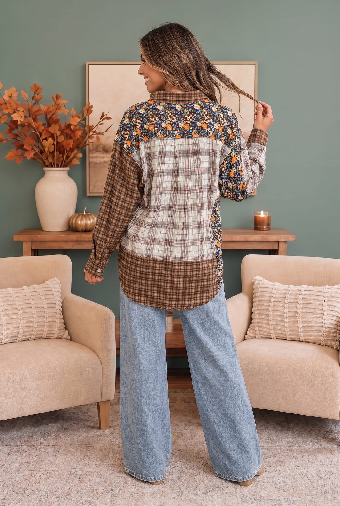 Patchwork Plaid Mixed Media Button Down Shirt