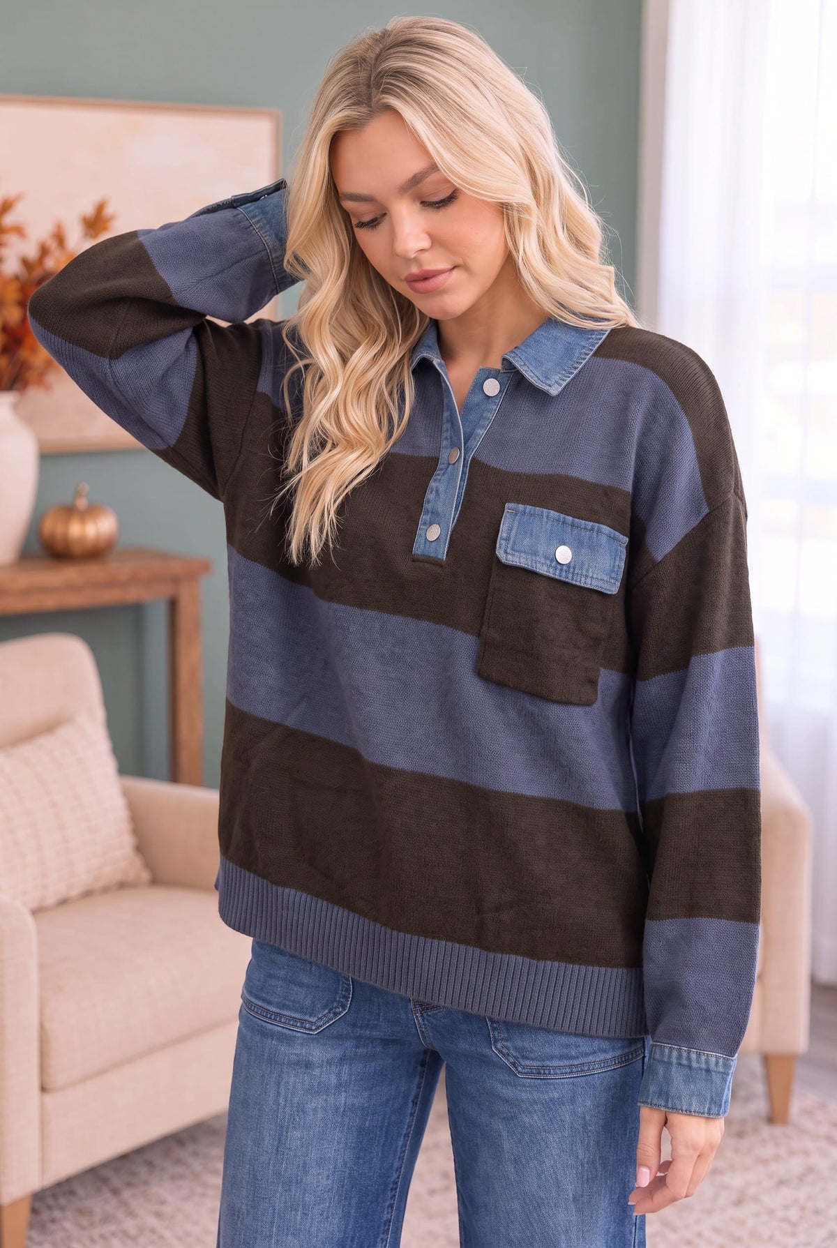 Blue and brown striped knit sweater with denim collar, photo 2 of 6