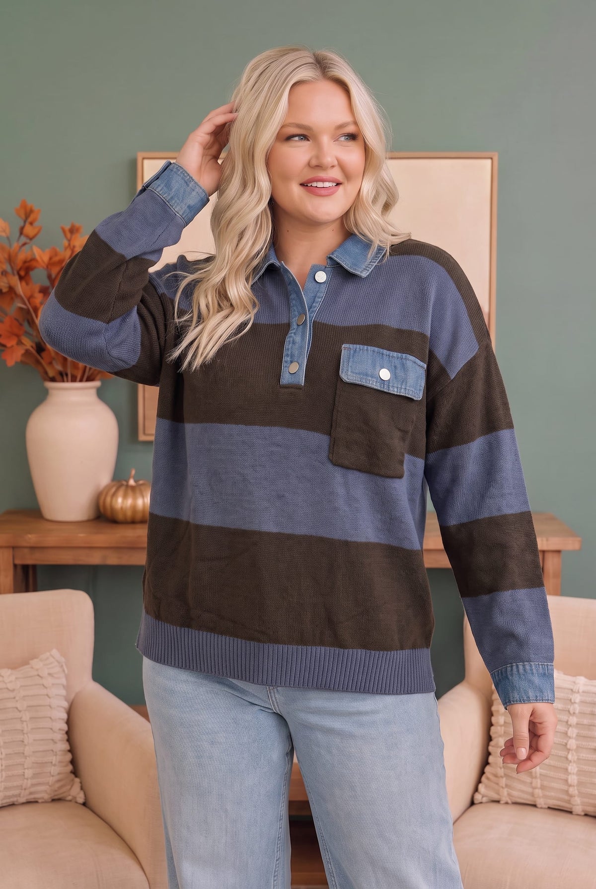 Blue and brown striped knit sweater with denim collar, photo 4 of 6
