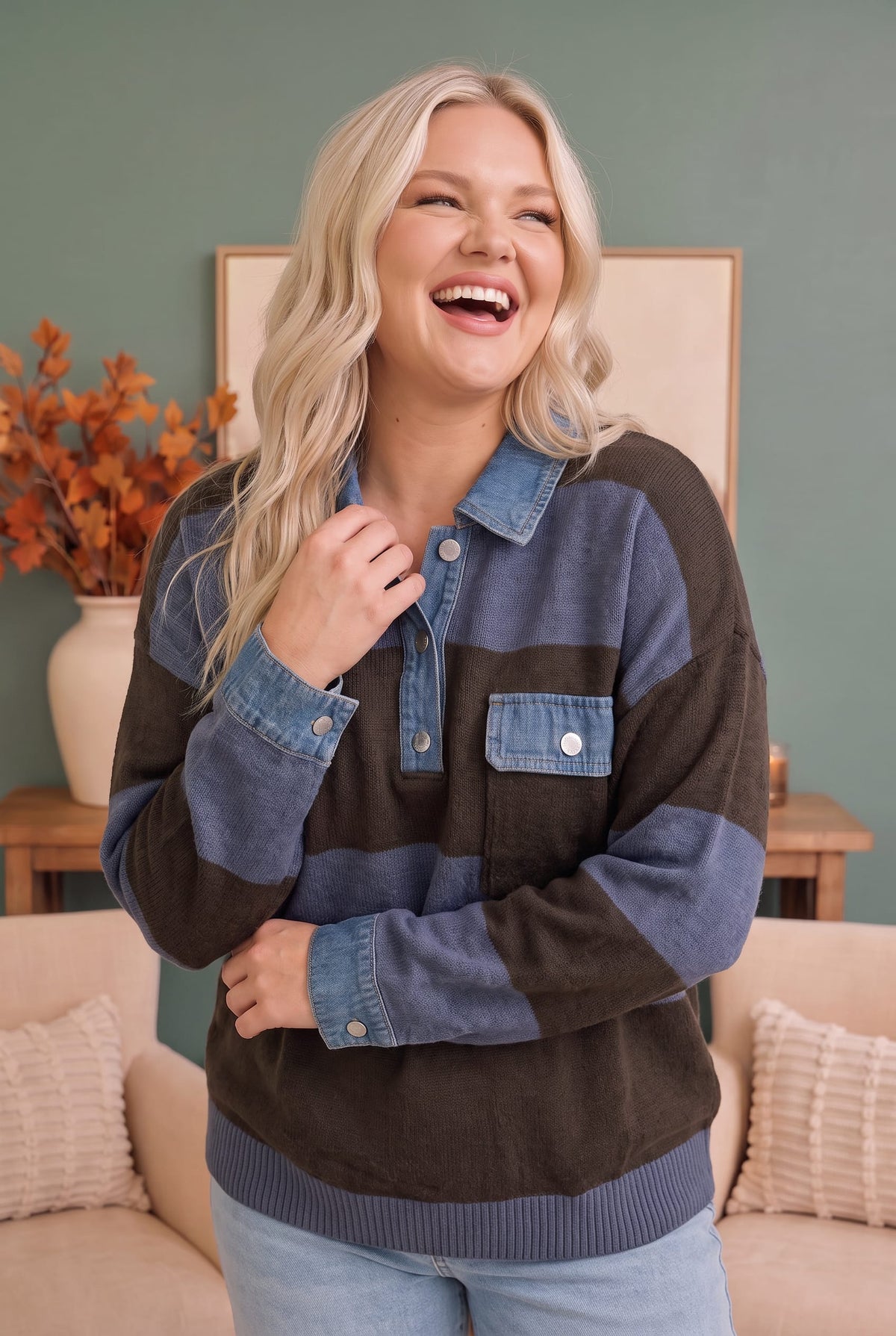 Blue and brown striped knit sweater with denim collar, photo 5 of 6