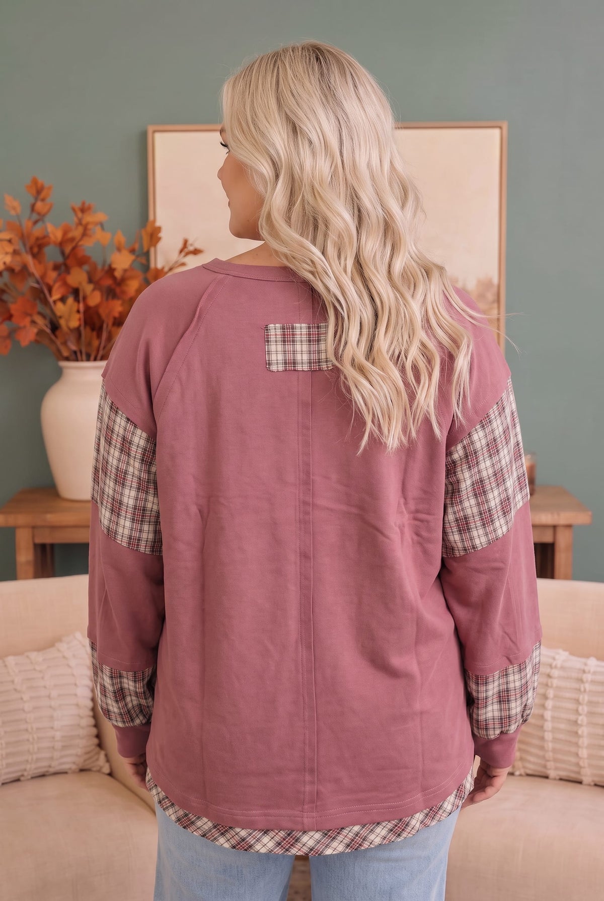 Mauve sweatshirt with plaid star applique, photo 2 of 6
