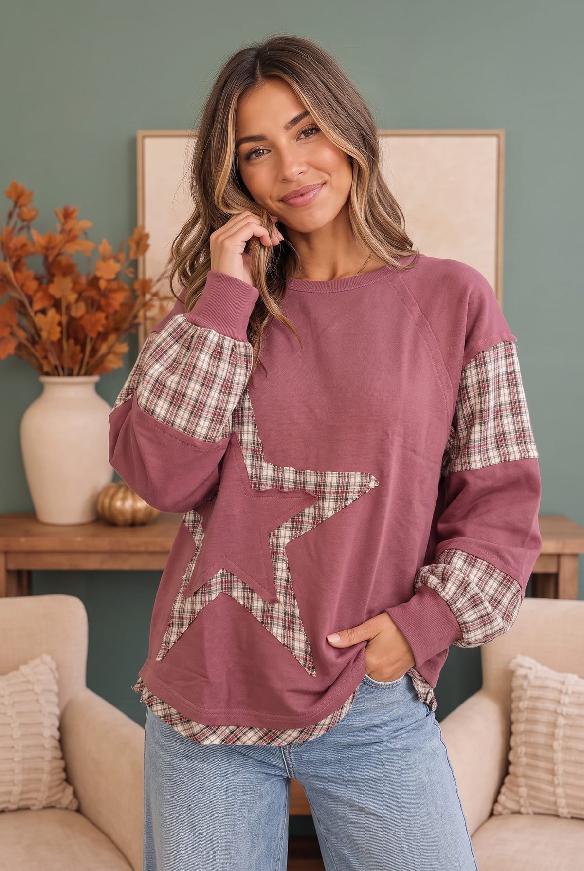 Mauve sweatshirt with plaid star applique, photo 1 of 6