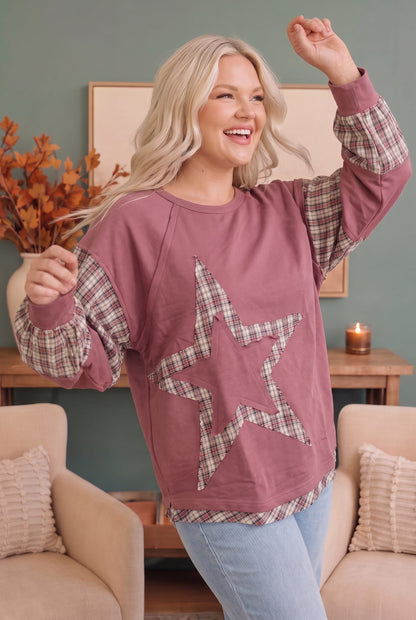 Mauve sweatshirt with plaid star applique, photo 5 of 6