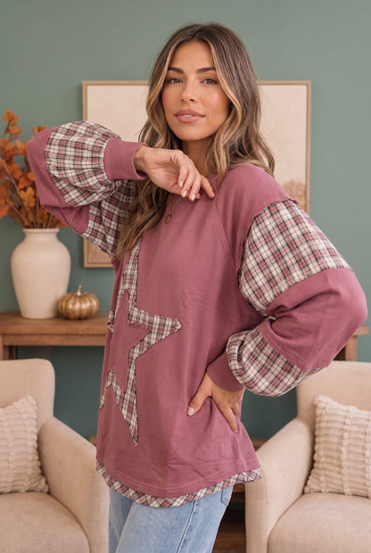 Mauve sweatshirt with plaid star applique, photo 4 of 6
