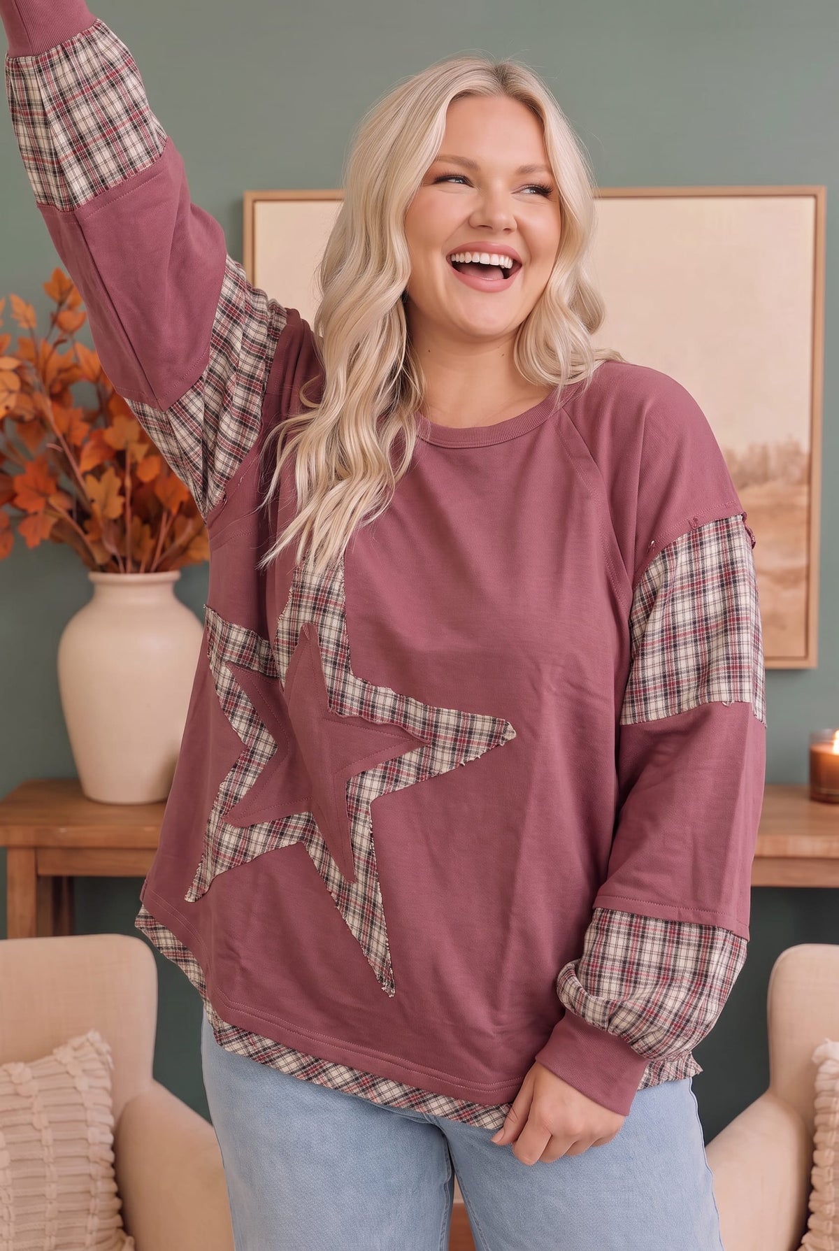 Mauve sweatshirt with plaid star applique, photo 6 of 6