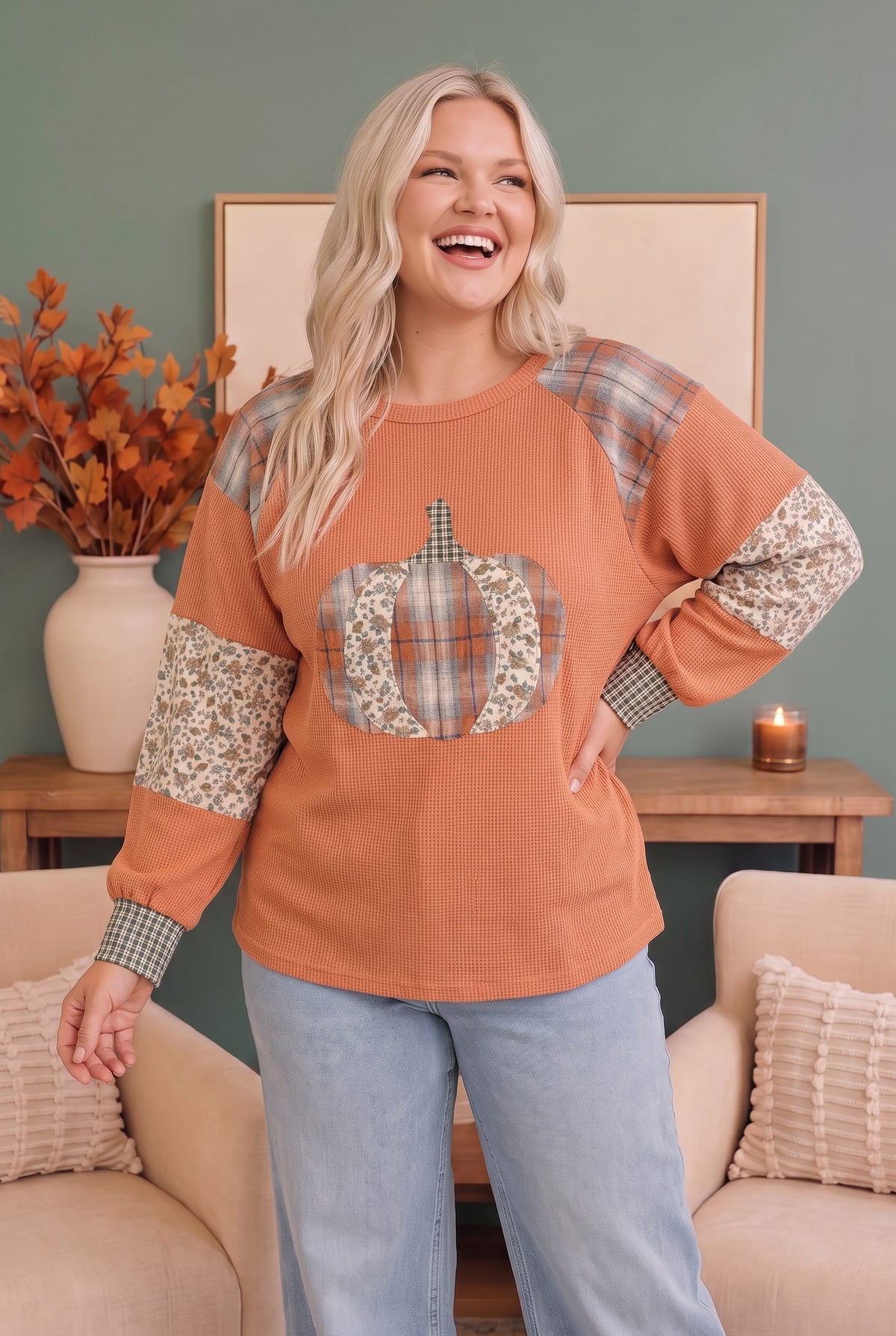 Waffle knit pullover with mixed media pumpkin applique, photo 4 of 5