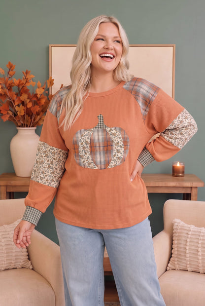 Waffle knit pullover with mixed media pumpkin applique, photo 4 of 5