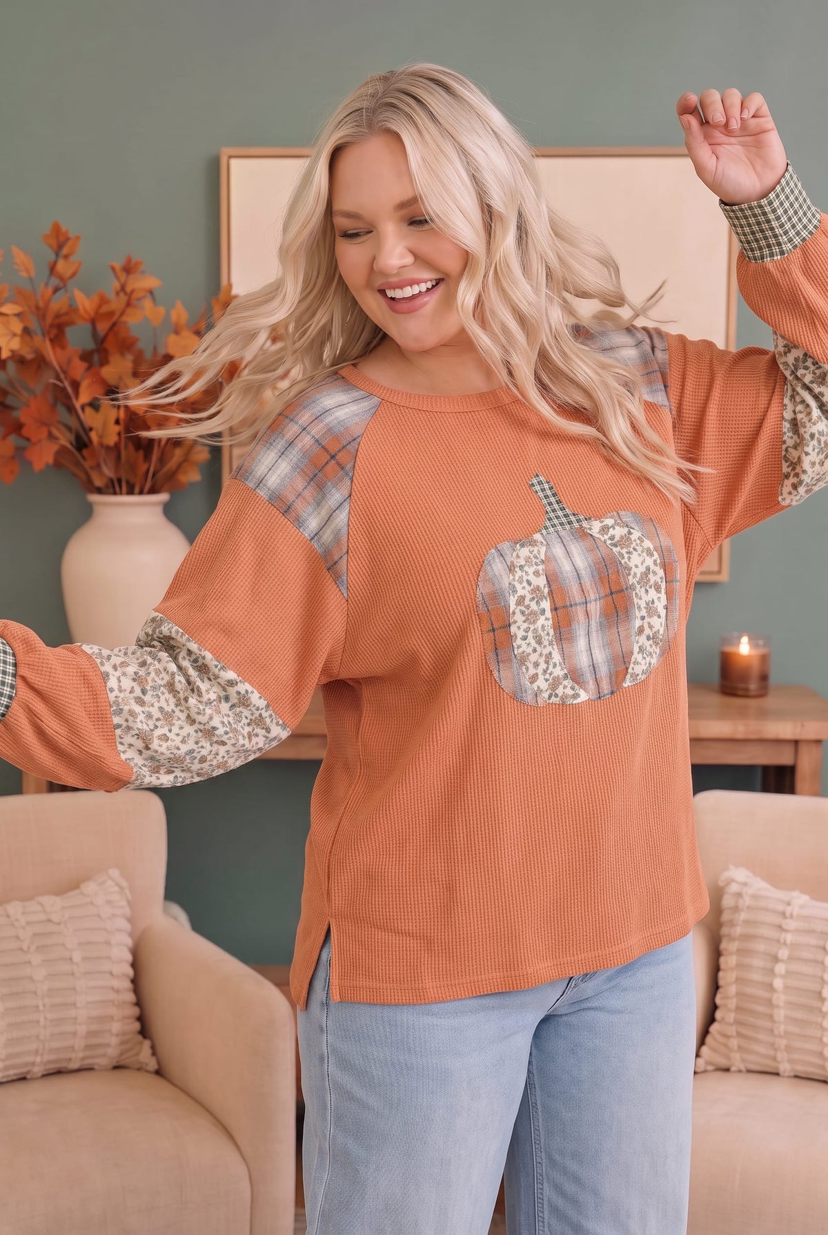 Waffle knit pullover with mixed media pumpkin applique, photo 5 of 5