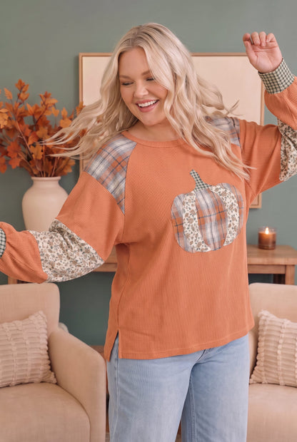 Waffle knit pullover with mixed media pumpkin applique, photo 5 of 5