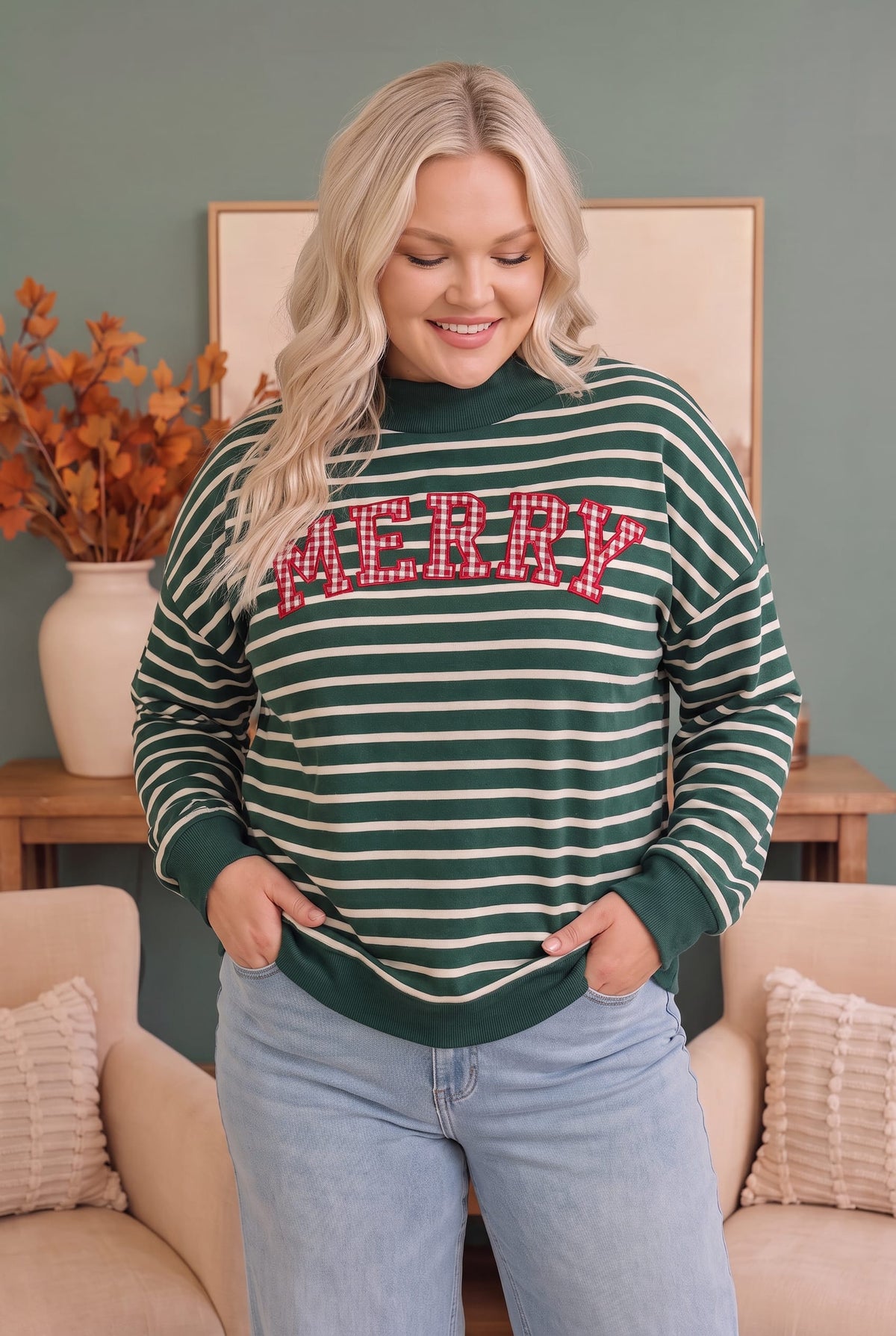 Green and cream striped sweatshirt with gingham Merry and Bright lettering, photo 3 of 5