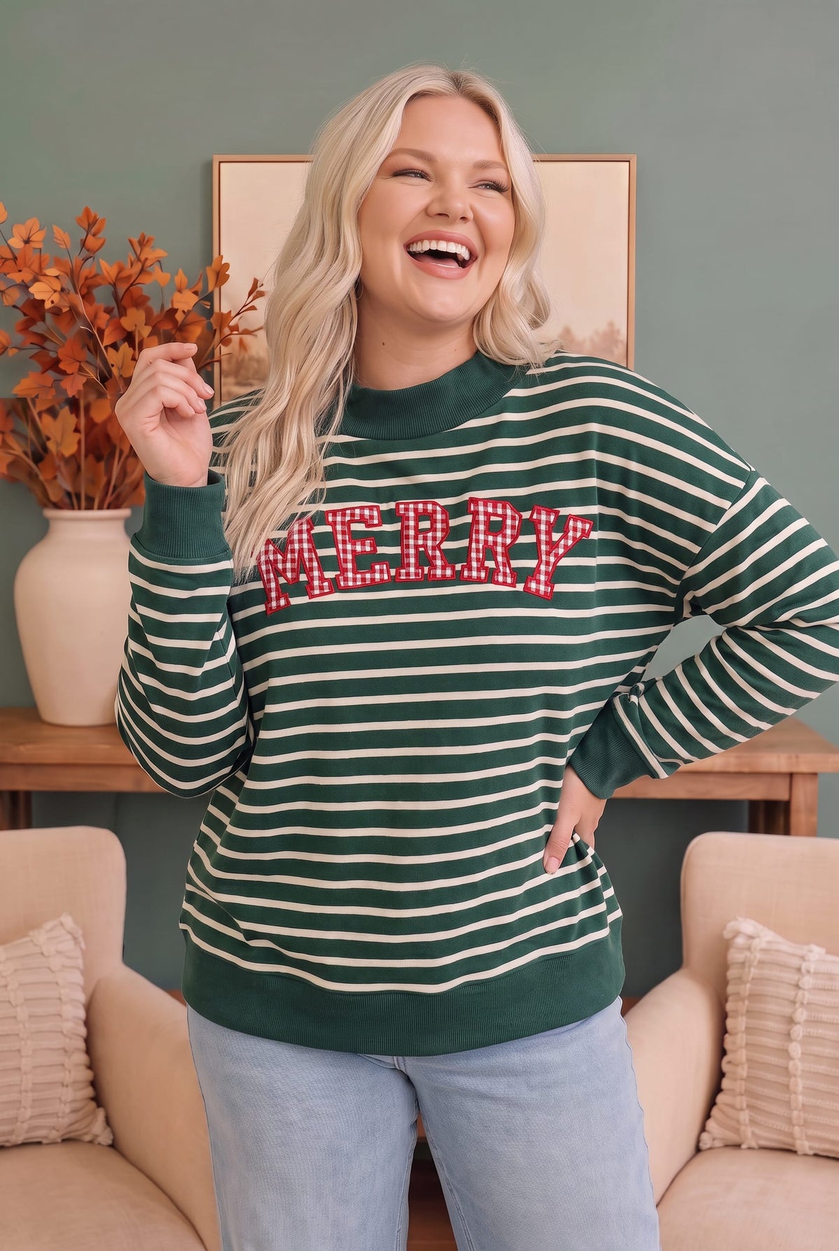 Green and cream striped sweatshirt with gingham Merry and Bright lettering, photo 4 of 5