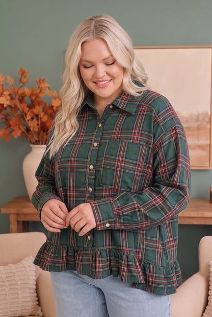 Green plaid flannel button down top with ruffles, photo 2 of 5