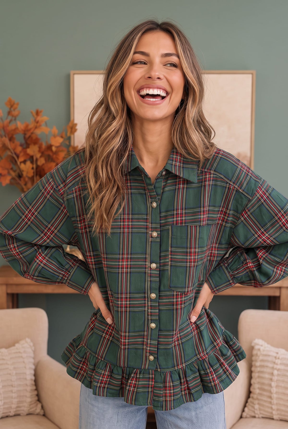 Green plaid flannel button down top with ruffles, photo 1 of 5