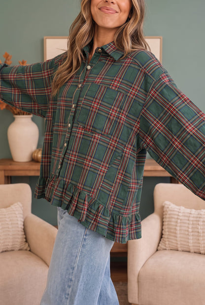 Green plaid flannel button down top with ruffles, photo 3 of 5