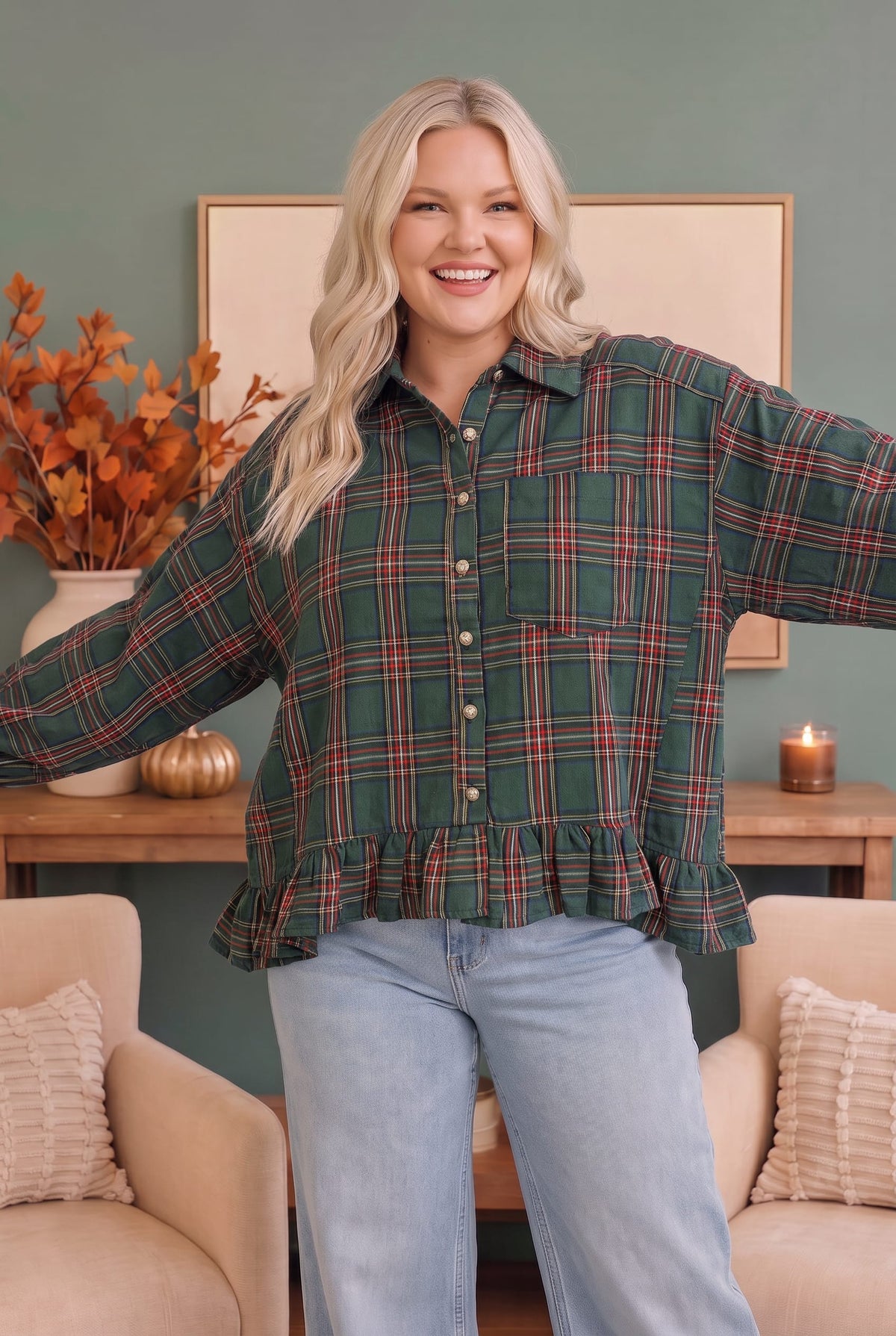 Green plaid flannel button down top with ruffles, photo 4 of 5