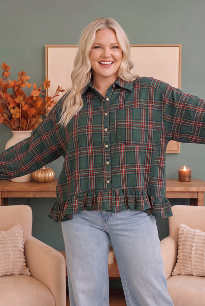 Green plaid flannel button down top with ruffles, photo 4 of 5