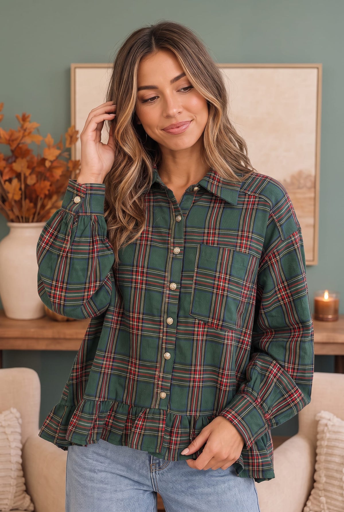 Green plaid flannel button down top with ruffles, photo 5 of 5