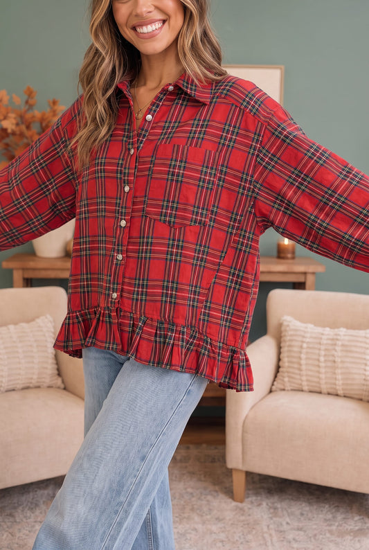Red plaid flannel button down top with ruffles, photo 2 of 6