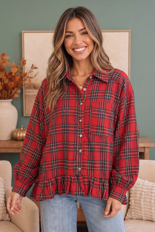 Red plaid flannel button down top with ruffles, photo 1 of 6