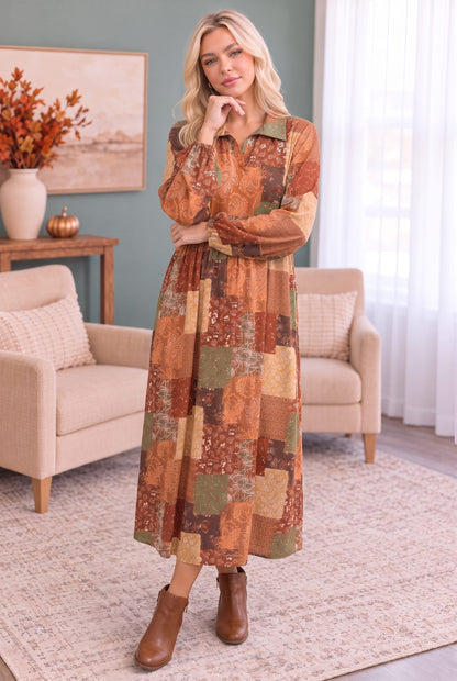 Long sleeve midi dress in brown autumn patchwork print, photo 2 of 3
